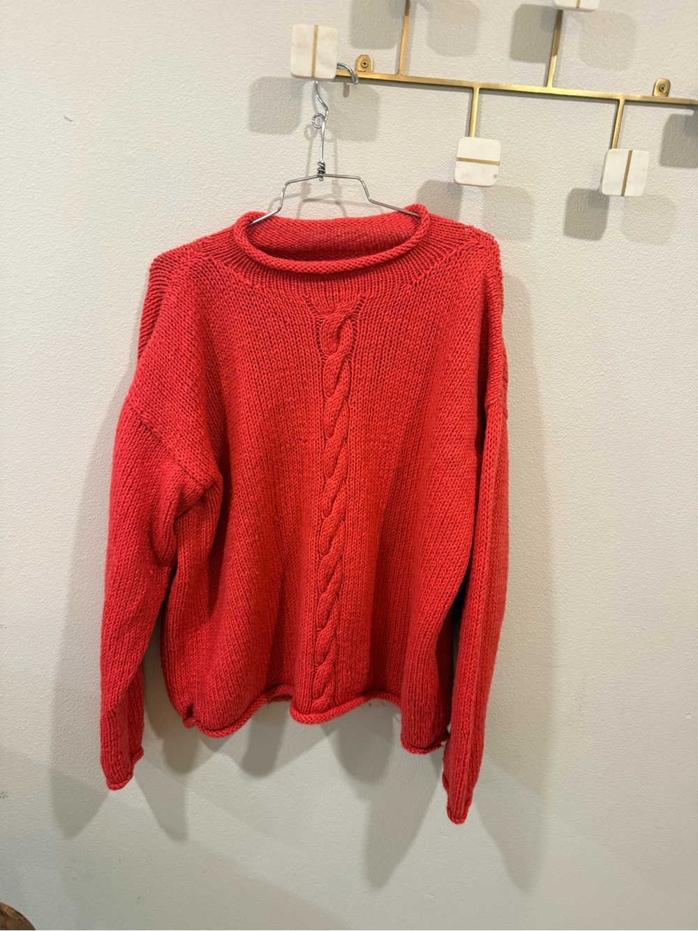 Coral Cable Knit Crewneck Sweater handmade size L